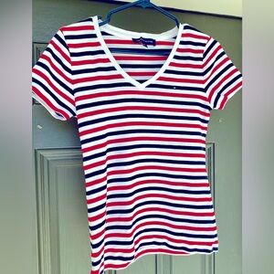 Tommy Hilfiger Women Stripped V Neck, Red White, Black Shirt. Size M